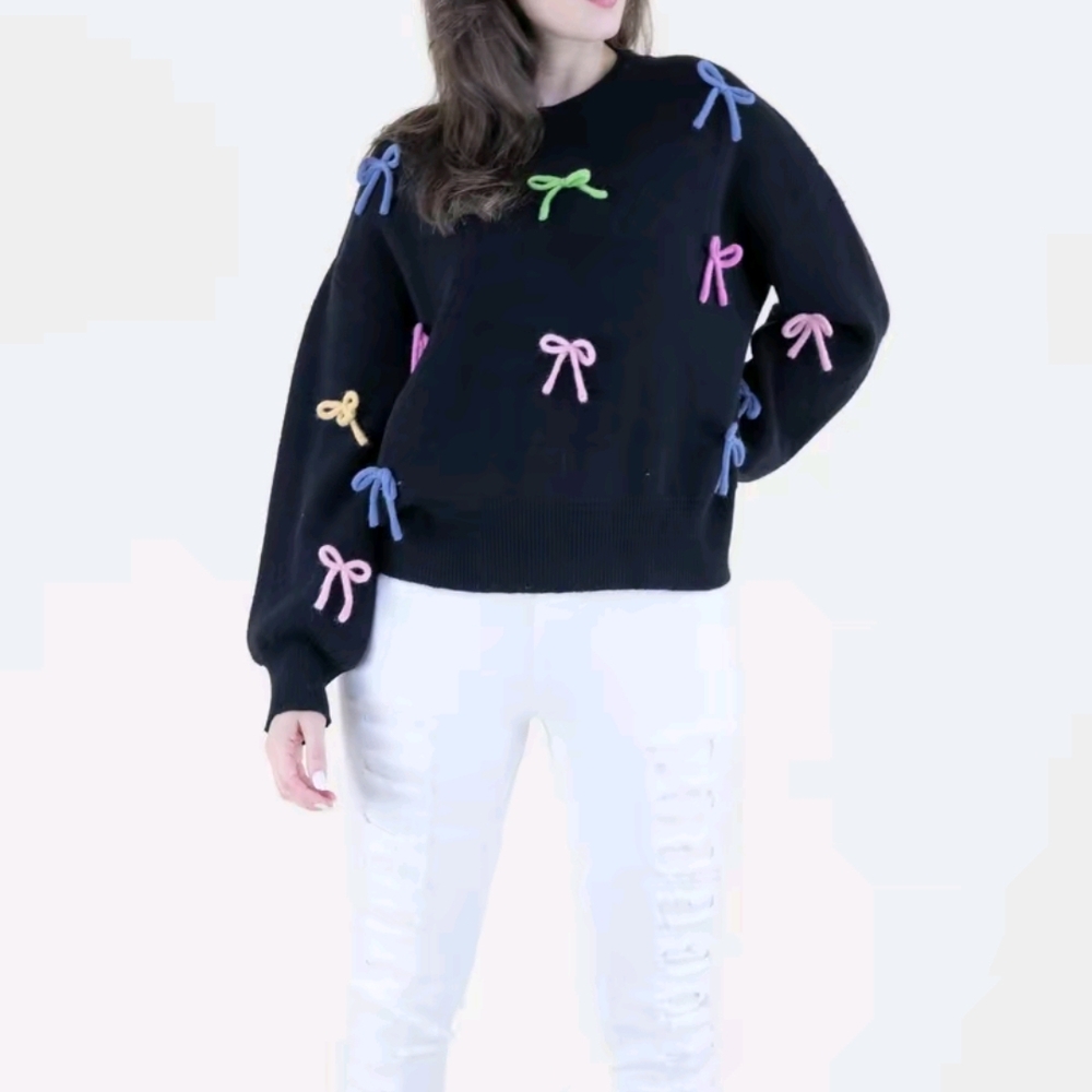 Colorful Bow Embellished Black Sweater